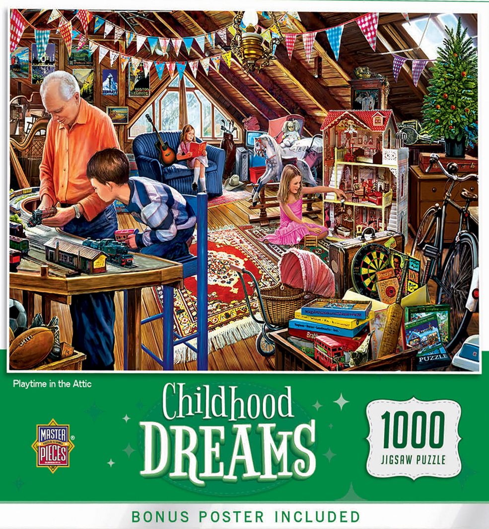 A grandfather and two children playing in a cozy, cluttered attic filled with toys and decorations.