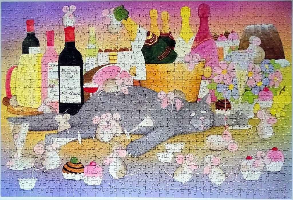 A whimsical illustration of a large grey cat surrounded by many tiny mice and champagne bottles at a party.