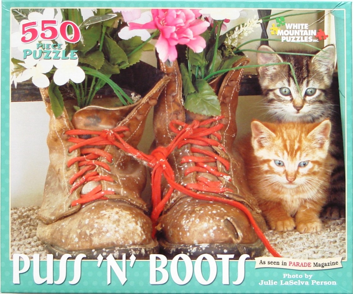 Two kittens next to old leather boots filled with flowers