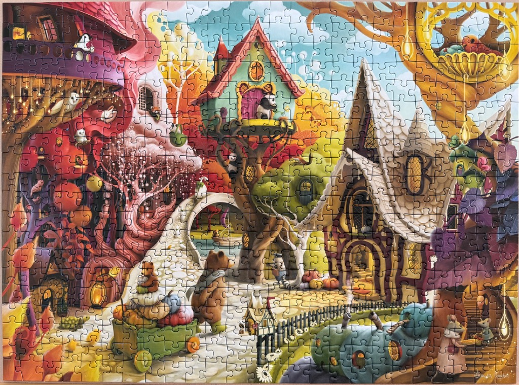 Whimsical fantasy forest scene with anthropomorphic animals and fairy-tale cottages.