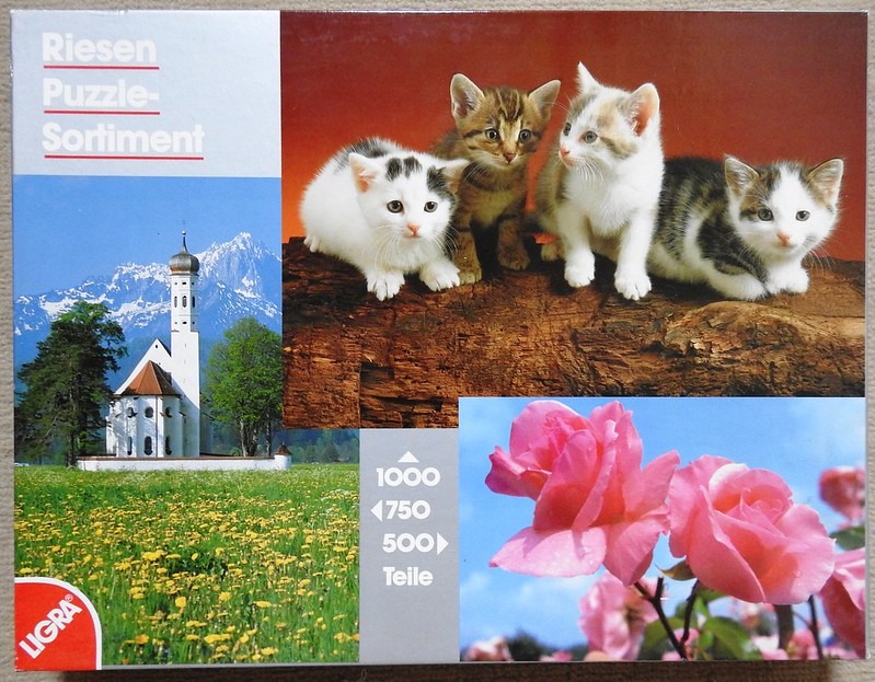 A collage featuring four kittens on a log, a mountain church in a field, and pink roses.