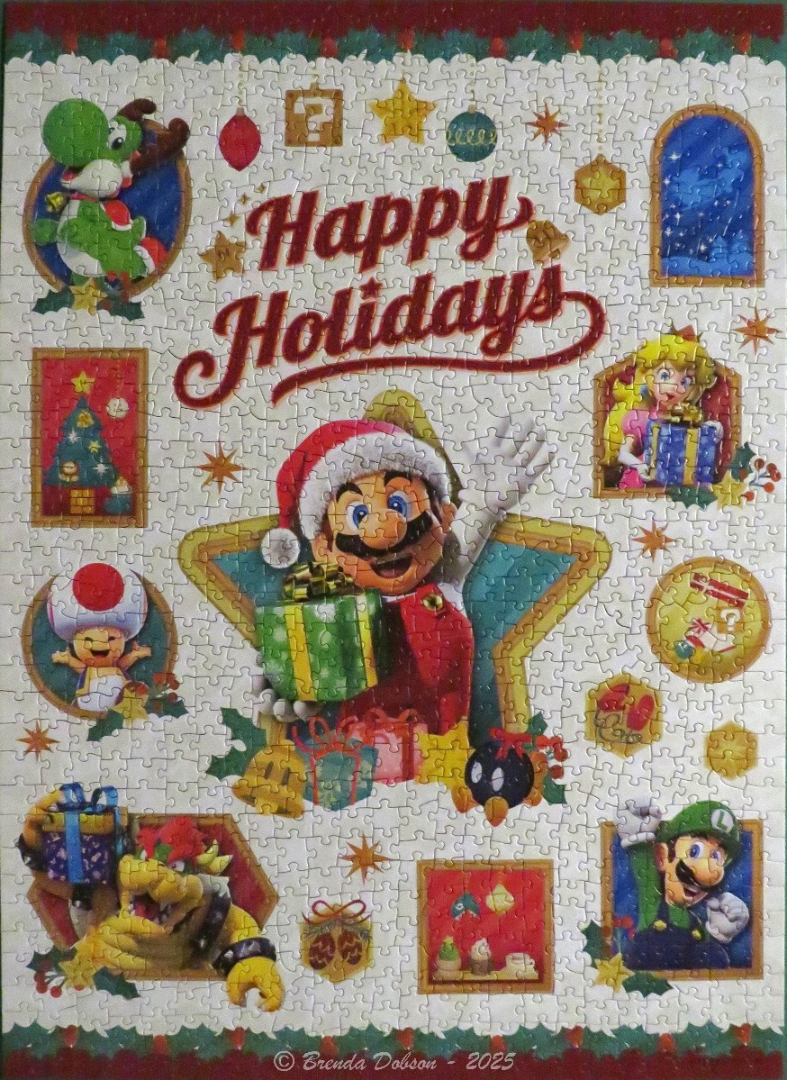A Super Mario themed Christmas illustration with characters and festive icons on a cream background.