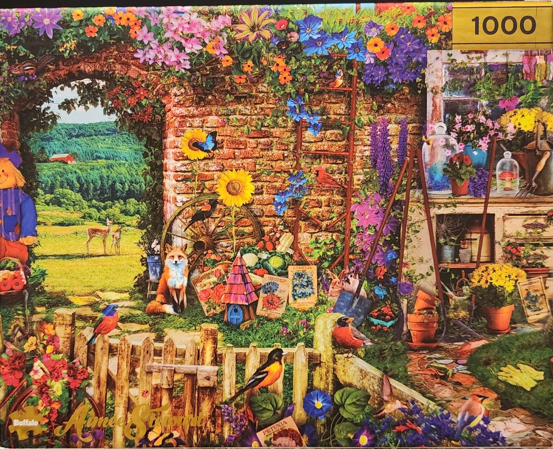 A lush garden scene with a red brick wall, blooming flowers, a fox, and a distant view of a countryside landscape.