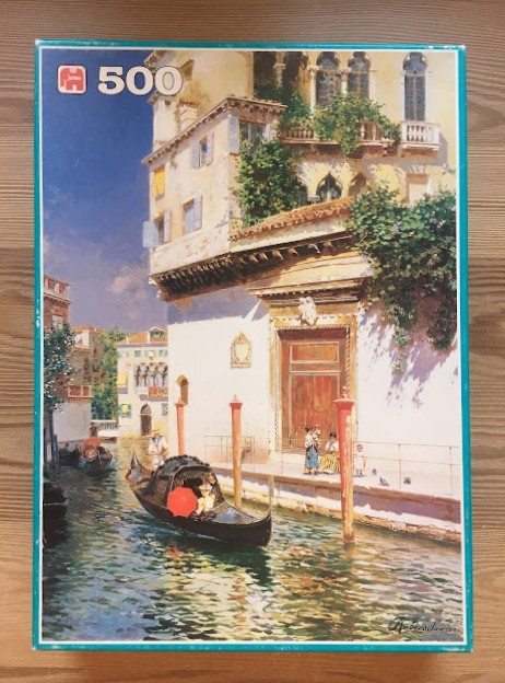 Oil painting of a Venetian canal scene with a gondola, grand architecture, and a bright red umbrella.