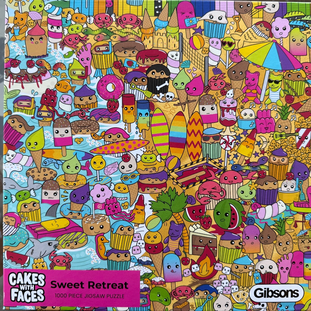 A colorful, crowded illustration of anthropomorphic desserts and beach-themed characters enjoying a seaside vacation.