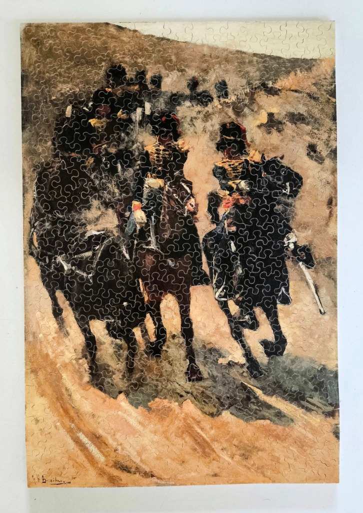 An oil painting of 19th-century cavalry soldiers on horseback riding across a dusty, beige landscape.