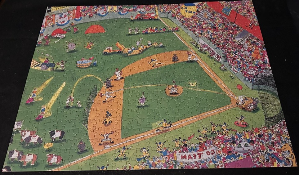 A cartoon illustration of a chaotic baseball game in a stadium filled with cows and whimsical characters.