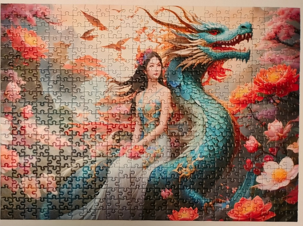 A fantasy illustration of a woman in a floral dress sitting beside a large, blue, ornate dragon amidst cherry blossoms.