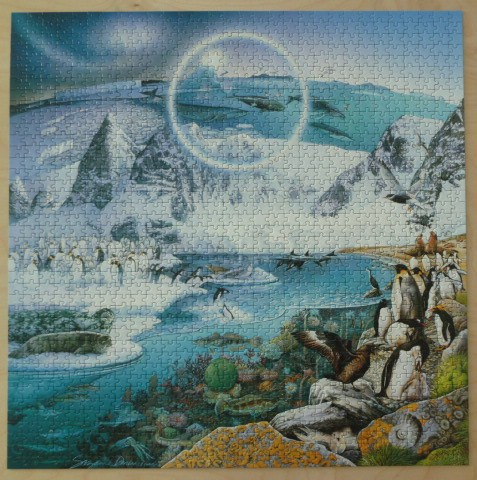 Surreal Antarctic landscape featuring penguins, seals, and underwater creatures within a bubble-like sky.