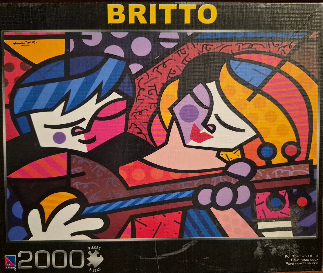 Abstract cubist-style painting of two people playing a guitar in bright, segmented colors with bold black outlines.