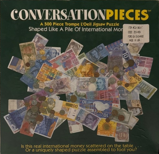 A trompe l'oeil illustration of various international paper banknotes and metal coins scattered on a dark green background.