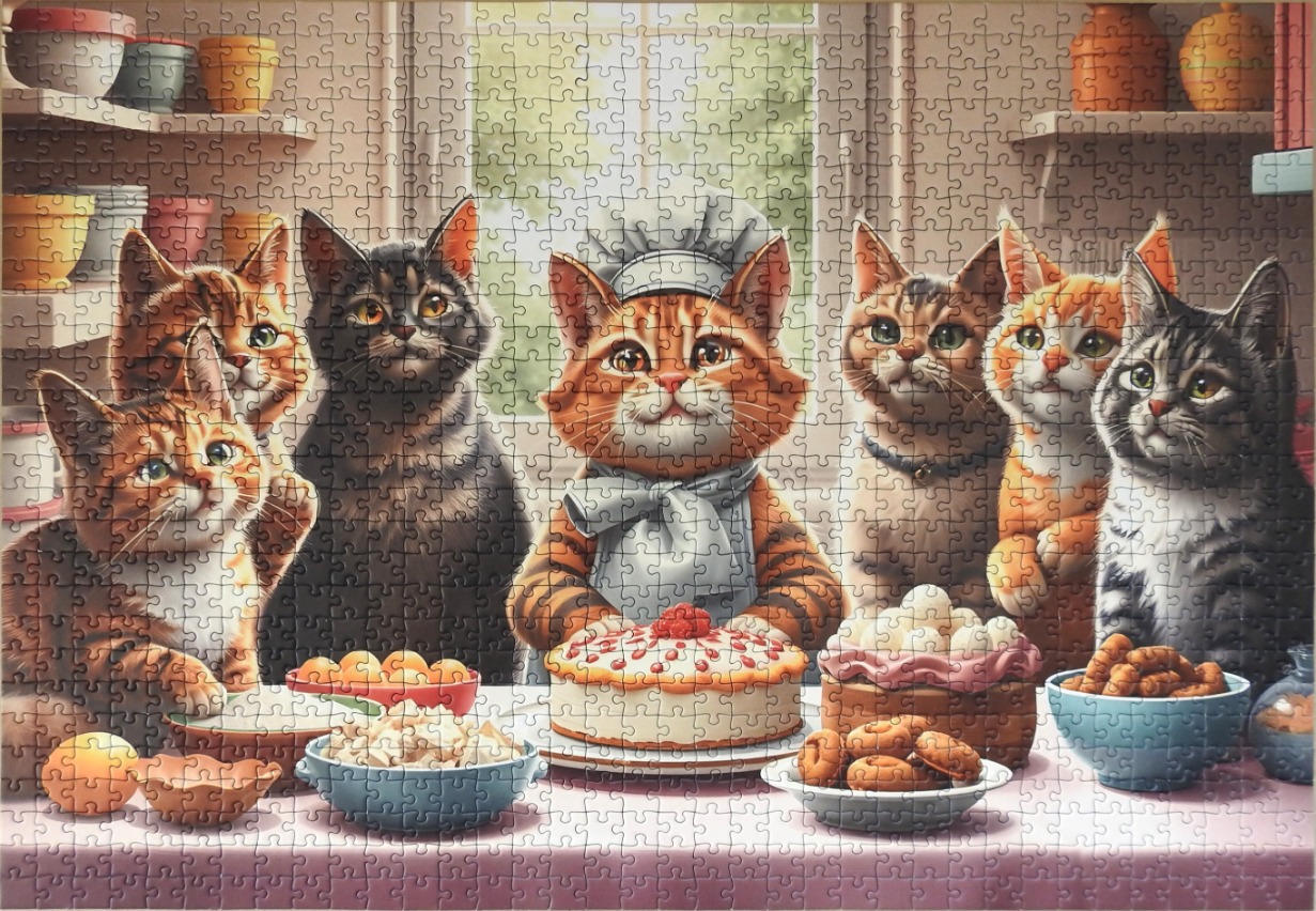 A group of seven cats in a kitchen, with one cat dressed as a chef standing behind a decorated cake.