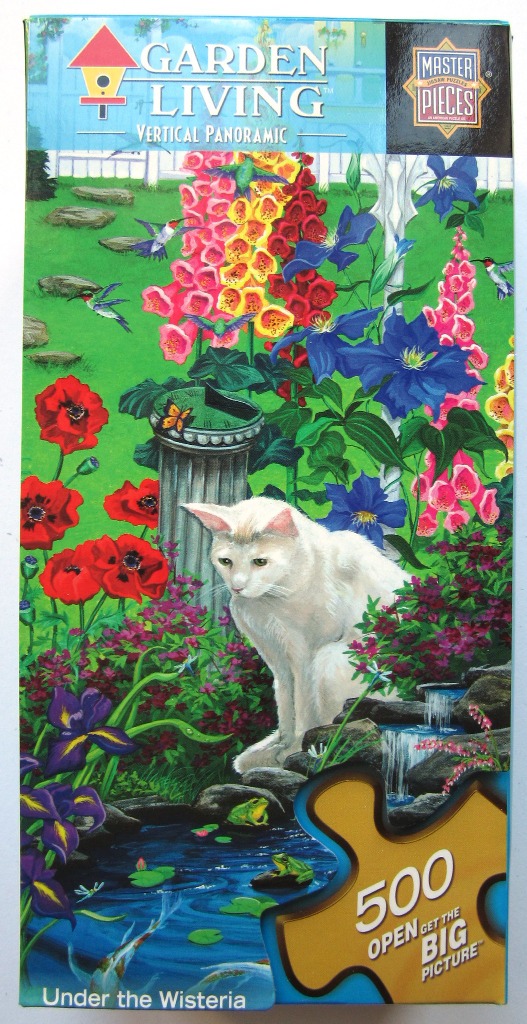 A white cat sits by a tranquil garden pond filled with koi fish, surrounded by vibrant flowers and hummingbirds.