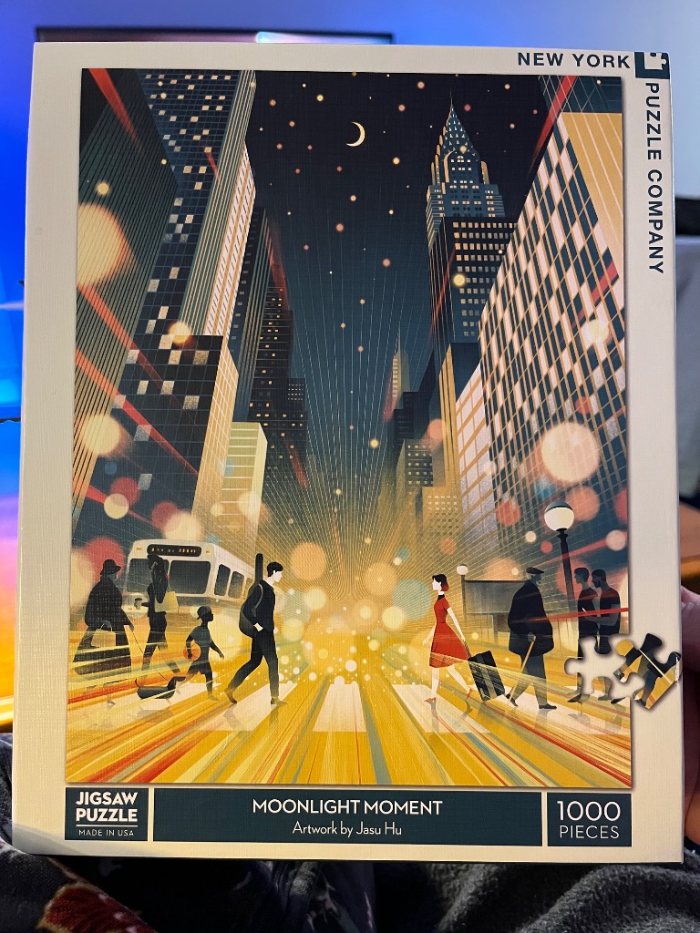 A stylized illustration of a busy New York City street crossing at night with glowing bokeh lights.