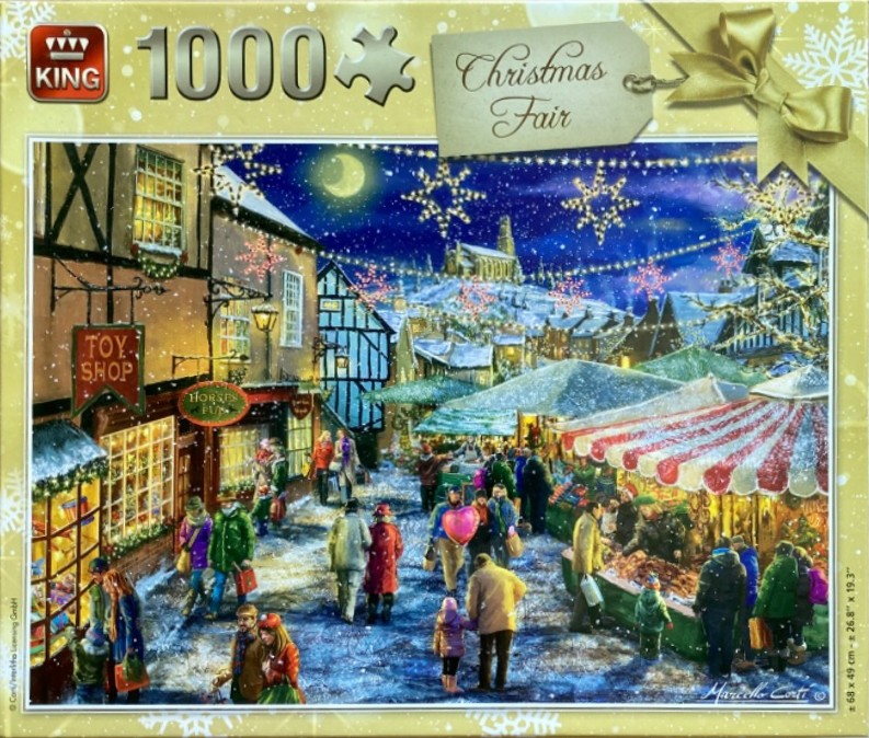 A snowy evening scene at a festive Christmas market in a quaint English village.