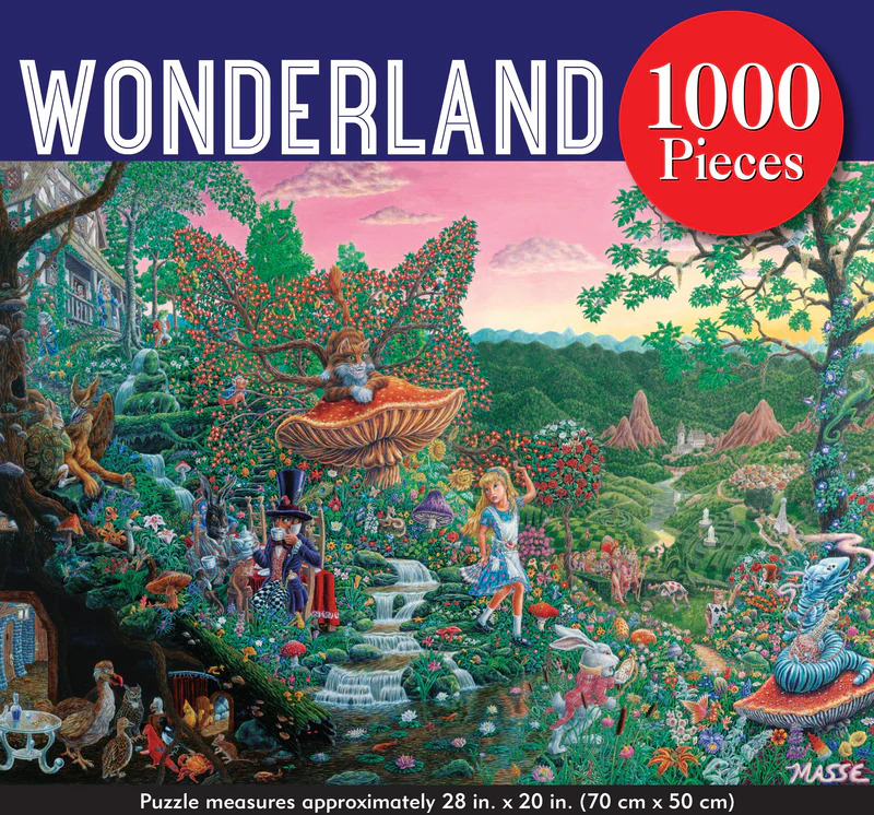 An intricate, whimsical illustration of Alice in Wonderland scenes featuring iconic characters in a lush landscape.