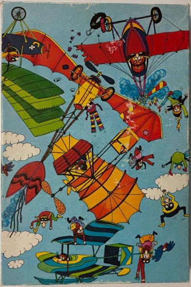 A chaotic scene of colorful, whimsical vintage-style airplanes and falling pilots against a blue sky.