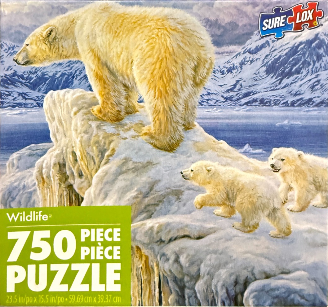 A painting of a mother polar bear standing on an icy outcrop with her two cubs in a snowy arctic landscape.