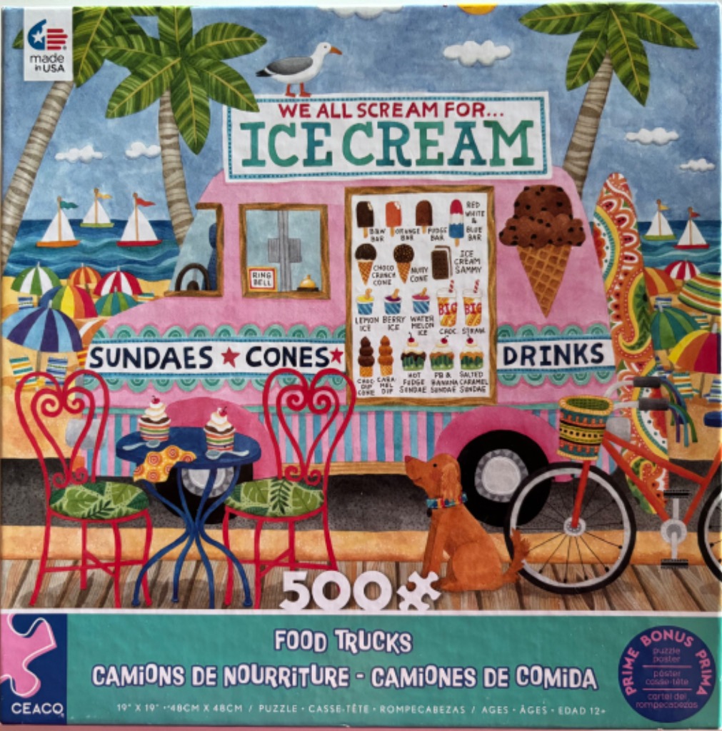 An illustration of a pink ice cream truck parked on a beach boardwalk, with a dog, bicycle, and café table in the foreground.