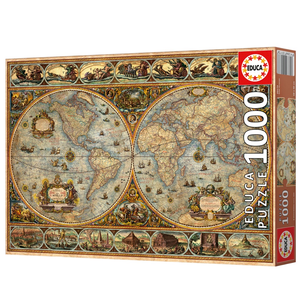 Antique-style double-hemisphere world map featuring ornate borders, mythical figures, and historical cartography details.
