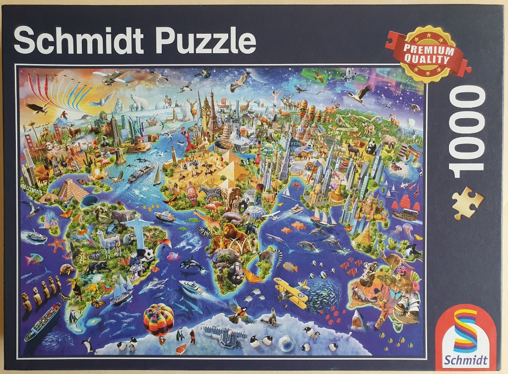 A whimsical, highly detailed map of the world featuring landmarks, wildlife, and cultural icons from around the globe.