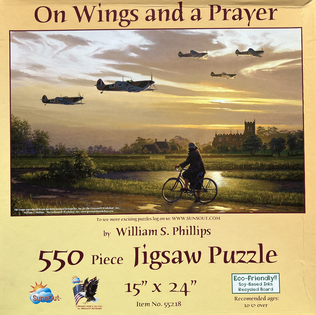An oil painting of four Spitfire aircraft flying over a rural English village at sunset as a person rides a bicycle.