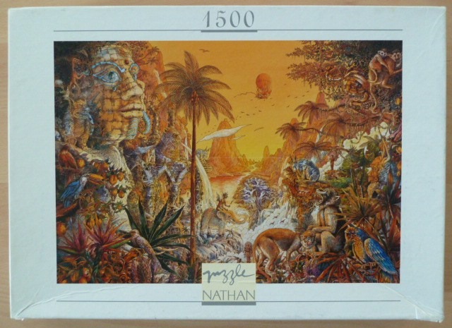 Fantasy jungle scene with a giant stone face and diverse tropical animals under a warm sunset sky.