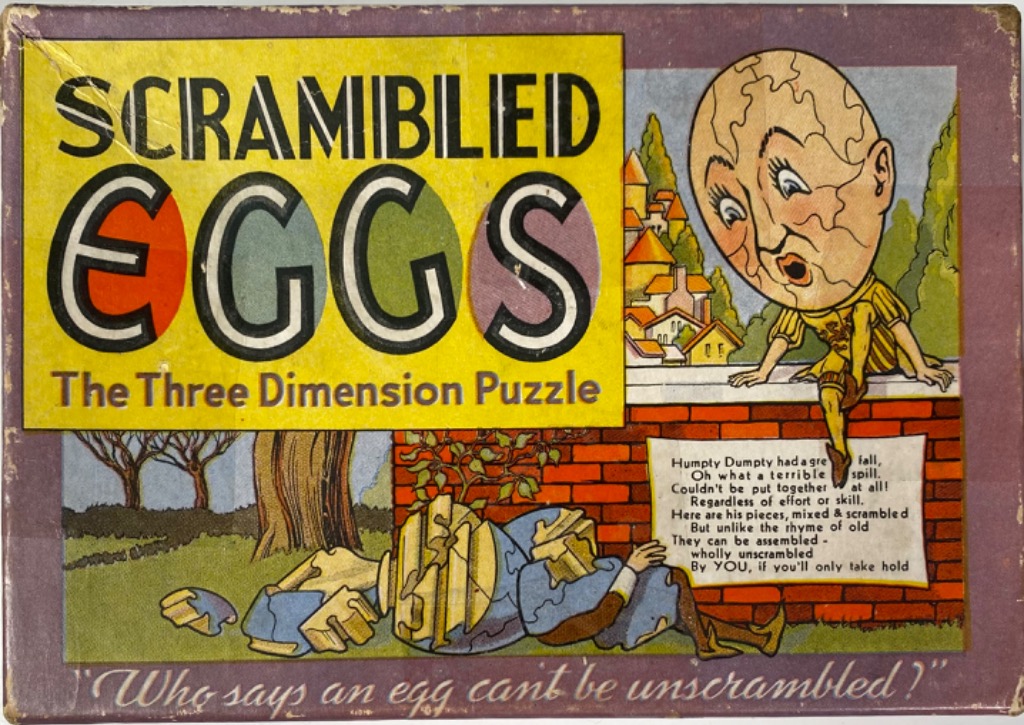 Vintage illustration featuring Humpty Dumpty in two states: sitting on a wall and lying in pieces on the ground.