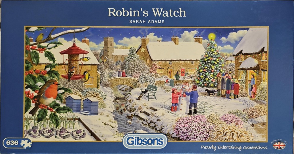 A festive winter village scene with a robin, carolers, and a snow-covered stream.