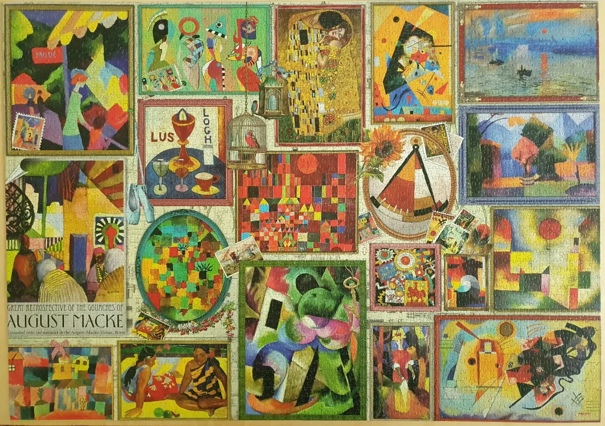 A collage of famous modern art paintings in a gallery setting.