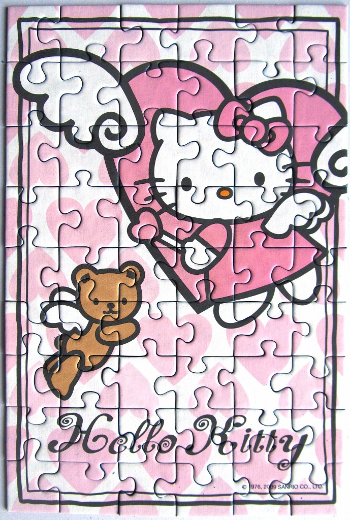 Hello Kitty as an angel with a teddy bear against a pink heart background.