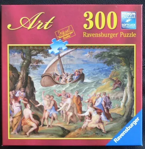 A classical oil painting depicting a group of people on a shore witnessing a sailboat on a turbulent sea.