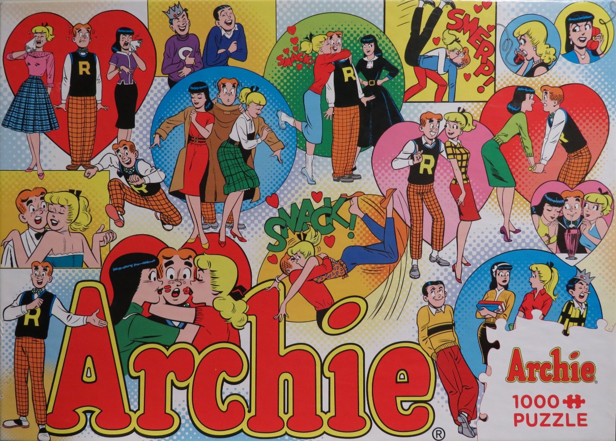 A colorful comic-style collage featuring Archie characters in romantic and humorous scenes with hearts and speech bubbles.