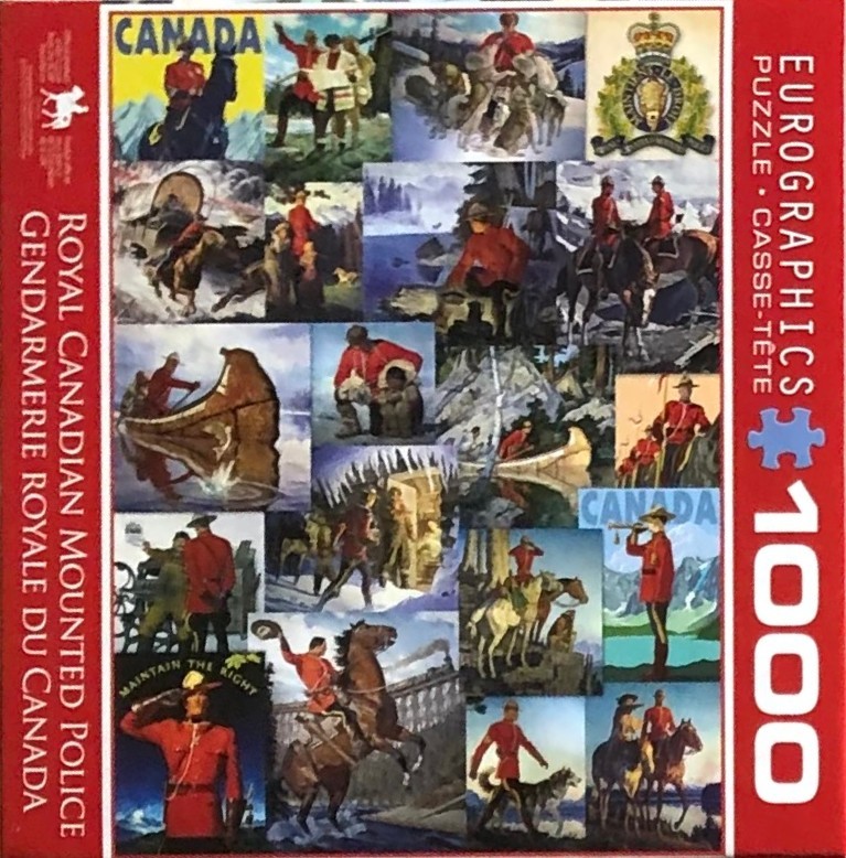 Collage of vintage-style illustrations depicting the Royal Canadian Mounted Police in various historical scenes.