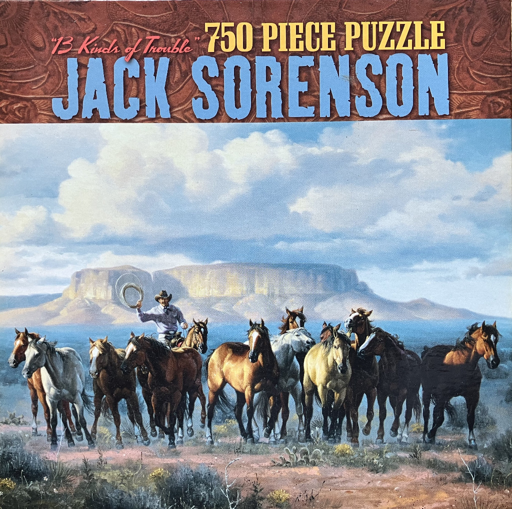 A cowboy on horseback leads a herd of horses across a dusty desert landscape toward a distant mesa.