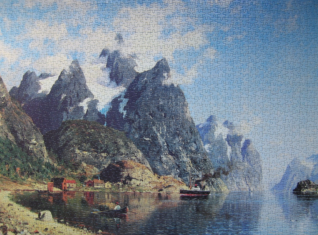 A painting of a dark, jagged mountain landscape bordering a calm fjord with a steamship and small rowboat.