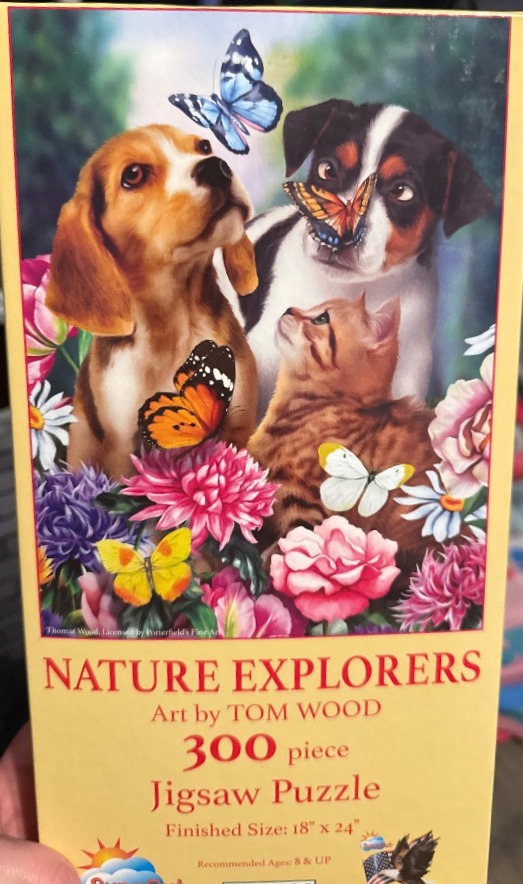 A beagle, a black-and-white puppy, and an orange tabby kitten surrounded by colorful flowers and butterflies.