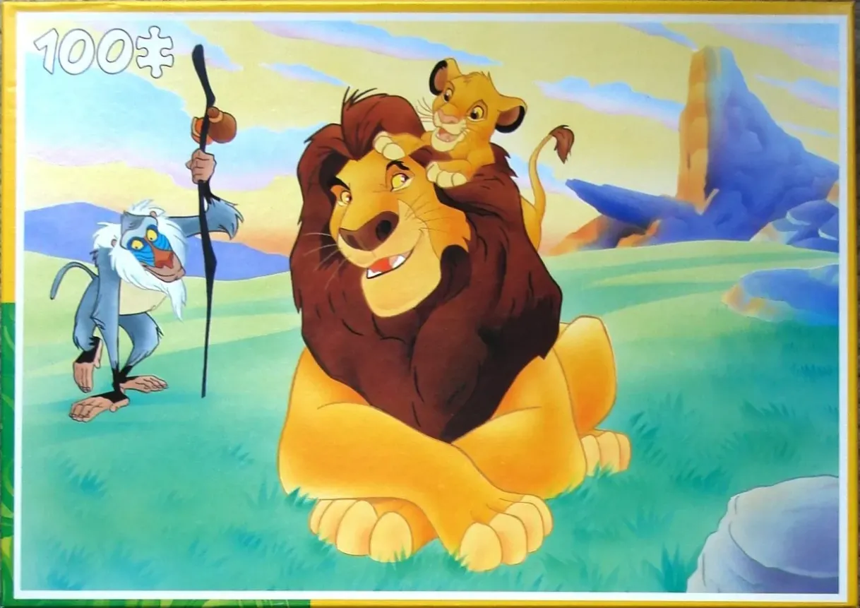 Illustration of Mufasa and Simba with Rafiki in an African savannah setting.