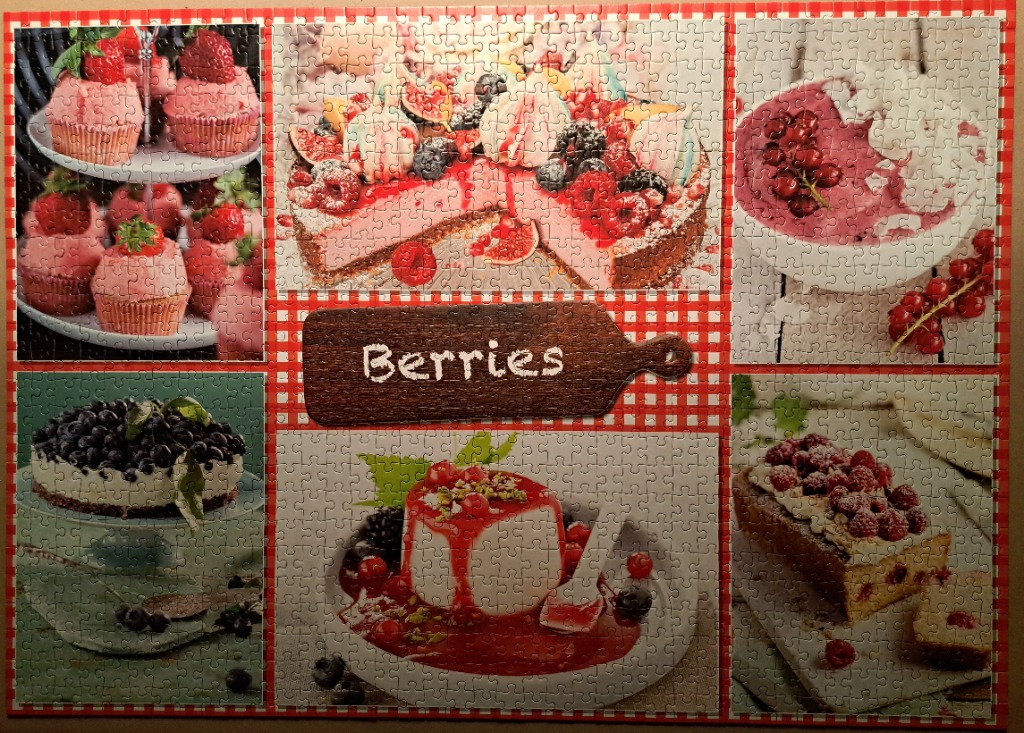 A collage of various berry-themed desserts and cakes with a red and white checkered border.