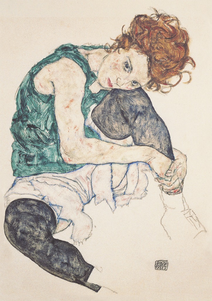 A seated woman with reddish-brown hair and a green top, rendered in a sketch-like Expressionist style.