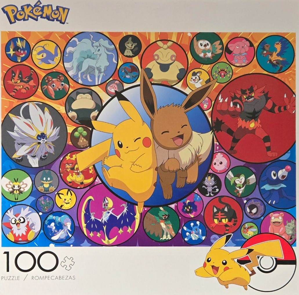 A collage of various Pokémon characters set within colorful circles on a vibrant background.