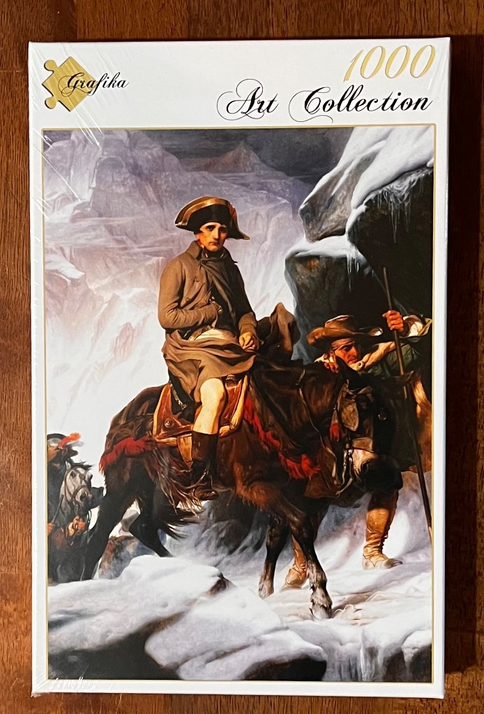 Napoleon Bonaparte riding a mule through the Alps in a classic oil painting style.