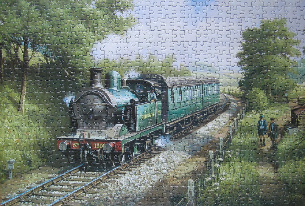 An illustration of a Southern Railway steam locomotive pulling carriages through a lush green countryside.