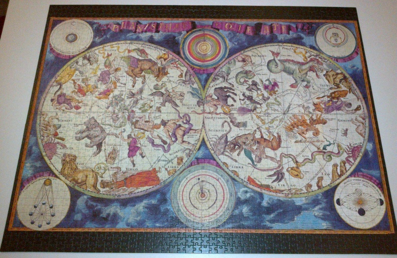 Vintage celestial map with two hemispheres showing constellations and astronomical diagrams.