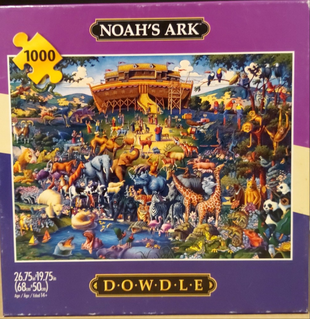 Folk art style illustration of Noah's Ark surrounded by many different animal species in a lush landscape.
