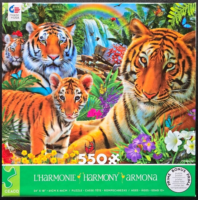 A lush tropical scene featuring three tigers among vibrant flowers, butterflies, and a distant waterfall under a rainbow.