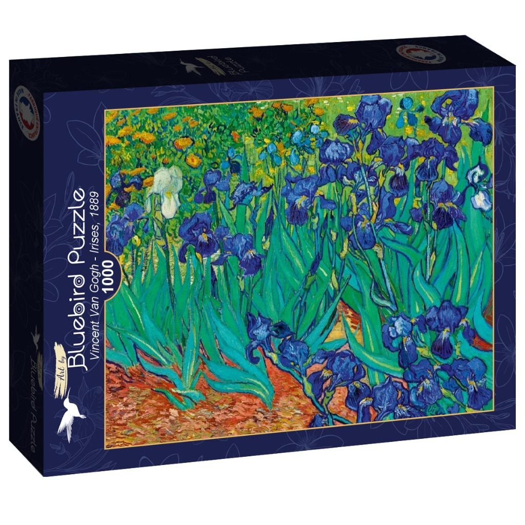 Vincent van Gogh's Irises painting featuring vibrant blue flowers with green leaves on a textured, warm-toned background.