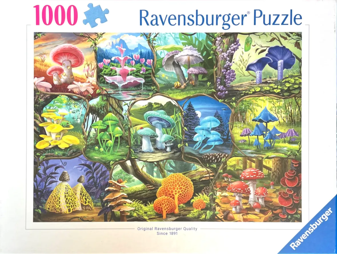 A whimsical collage of various colorful mushrooms in a magical forest setting