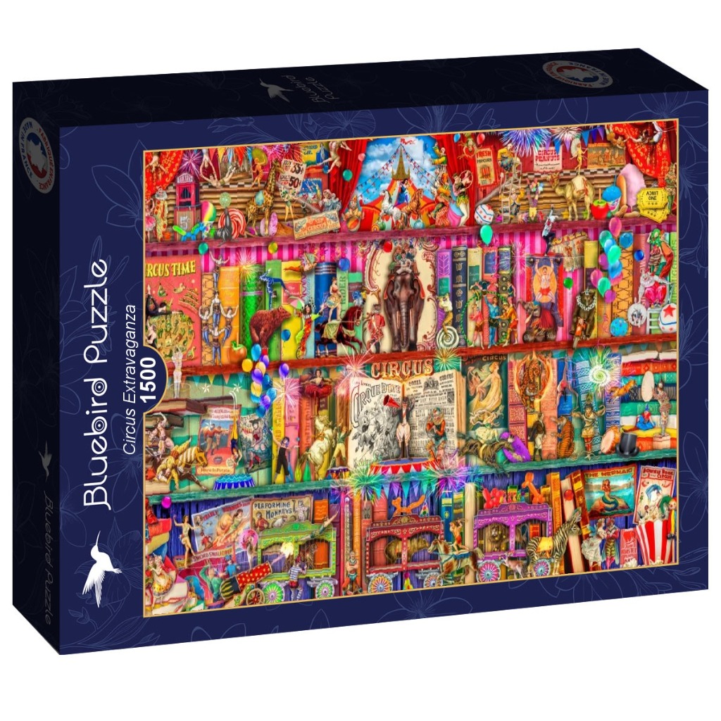 A detailed illustration of a bookshelf filled with vintage circus-themed books, performers, and animals.
