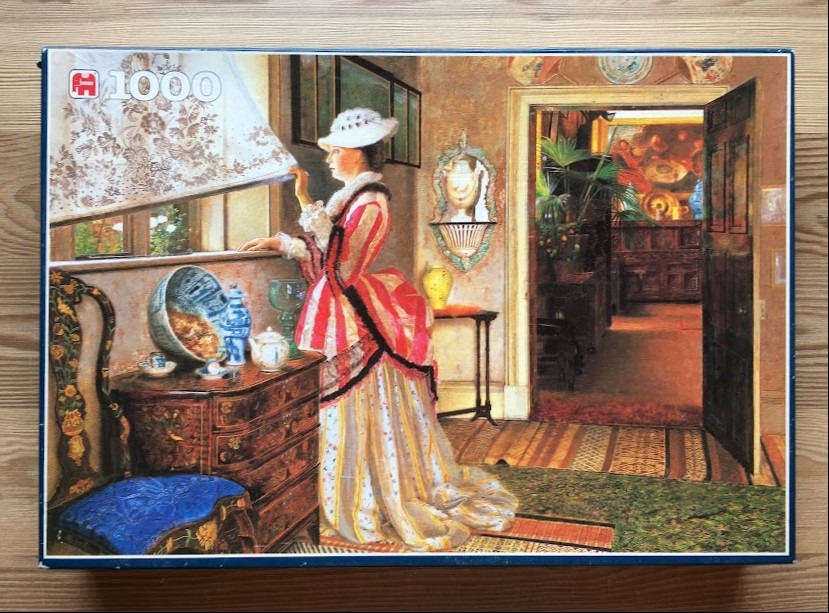 A Victorian-era woman in a striped dress looks out a window in a dimly lit, ornately decorated room.
